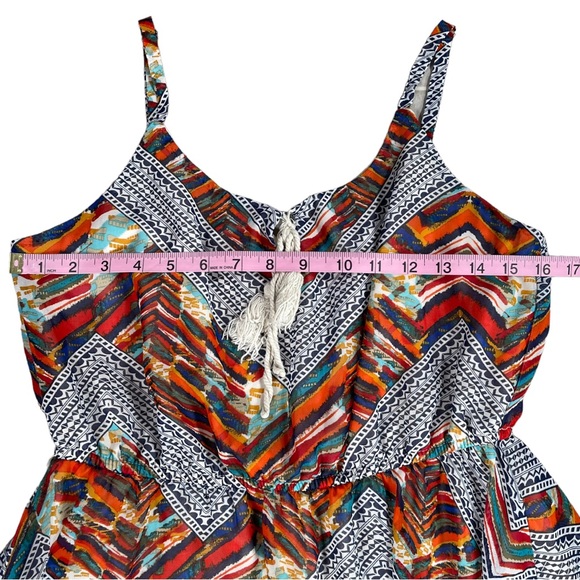 As You Wish size large colorful mini dress, tie at neck, asymmetrical hem, EUC - Picture 10 of 13